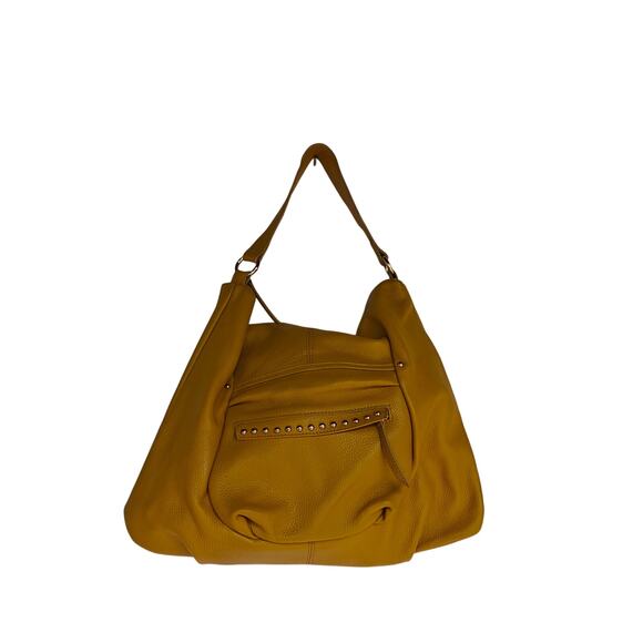 Laggo Pebbled Leather Hobo Shoulder Bag Yellow – Zip Top, Studded Front Pocket - Picture 1 of 8